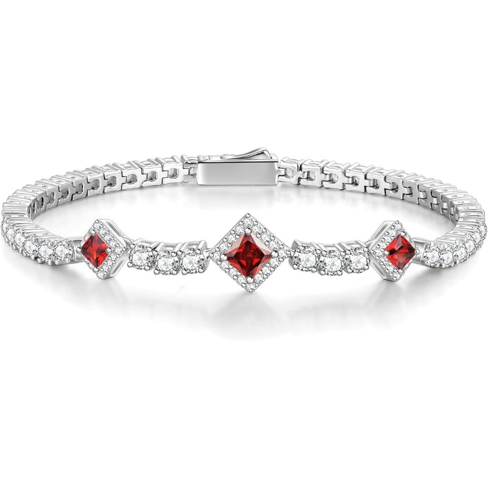Birthstone 4mm Sterling Silver Tennis Square Gemstone Bracelet - 01-Garnet